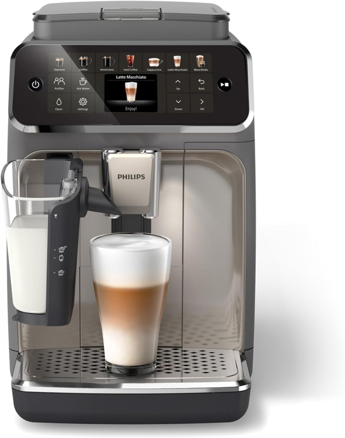 Philips 4400 Series Fully Automatic Espresso Machine, LatteGo Milk System, Integrated Grinder, 12 Hot & Iced Coffee Pre-Sets, Quick Start, SilentBrew, 15-Bar Pressure, Black Chrome (EP4444/90)