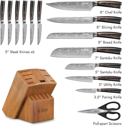 Yatoshi Professional Kitchen Knife Set, 15 Pieces, High Carbon Stainless Steel, Ergonomic Handle