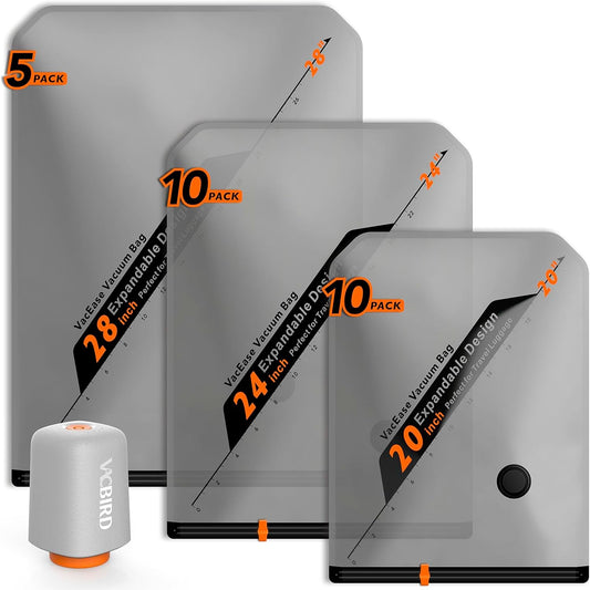 Vacbird Rechargeable Wireless Pump Travel Storage Bags Set - 25 Pack Portable Space Saver Bags for Travel & Home - Vacuum Compression Packing Seal for Clothes, Blankets, Seasonal Storage