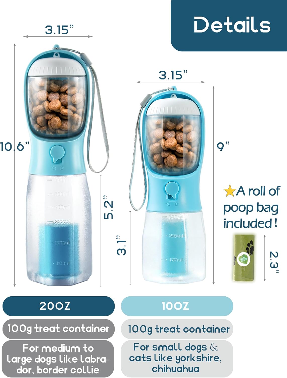 Portable Water Bottle for Dogs, 3 in 1 Pet Travel Bowl Dispenser with Food Treat Container & Poop Bag Holder,
