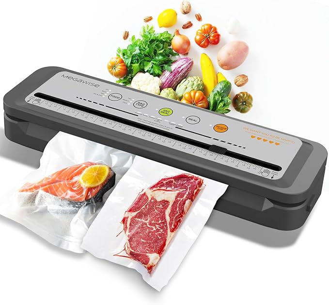 MegaWise Vacuum Sealer Machine, 80kPa Suction Power, One-Touch Automatic Operation, Compact Design with Built-in Cutter, Includes Vacuum Bags, Ideal for Food Storage (Silver)